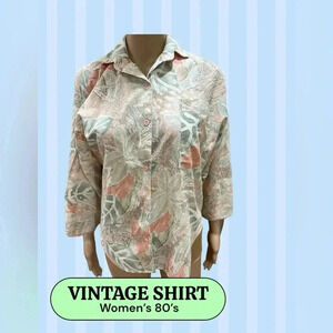 Vintage Cindy Collins novelty Blouse top pastel foliage print -